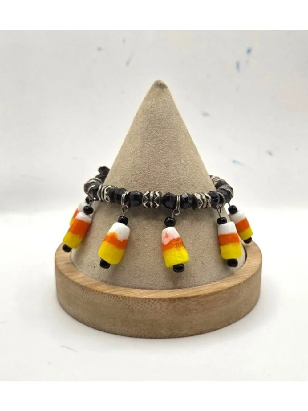 Candy Corn Look Glass Bead Charm Bracelet With Black Beads & Silver Accents Togg